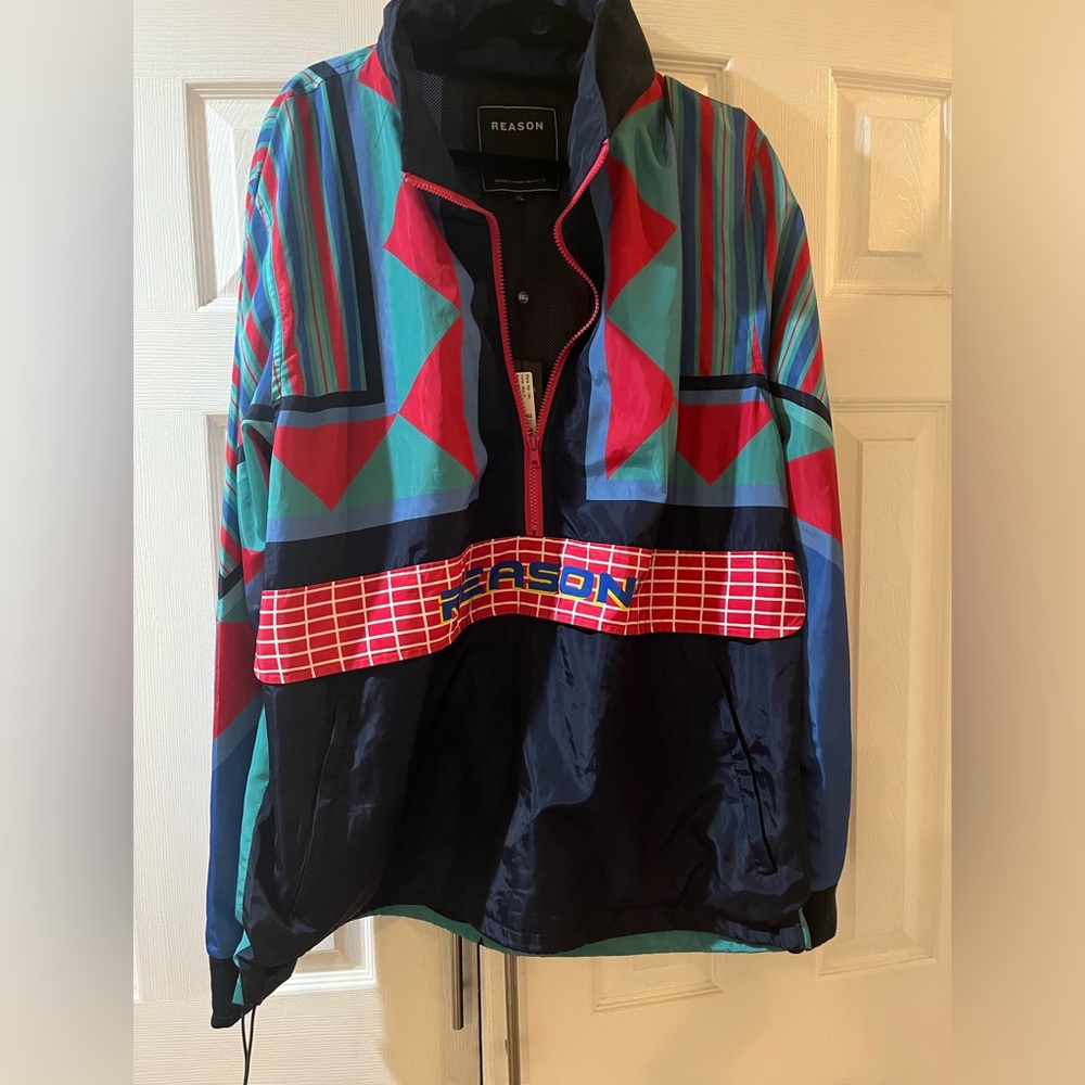 Reason Men's Windbreaker Size XXL Nylon Multicolor Geometric Lined Pockets